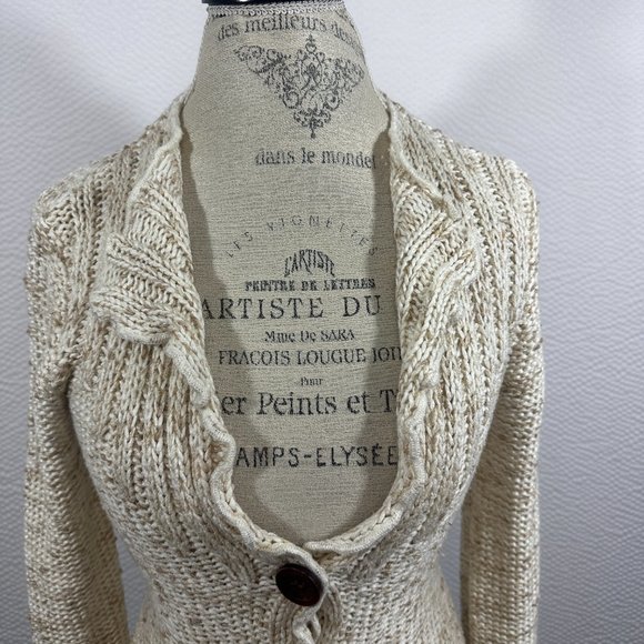 BCBGMAXAZRIA 3 button cardigan scalloped edges Variegated tans Oatmeal "Jane" - Picture 4 of 8